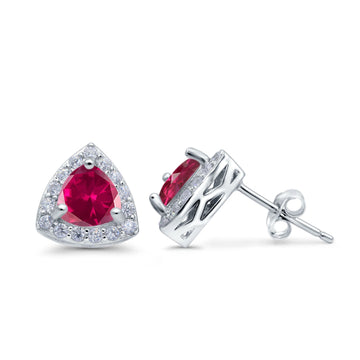 Halo Stud Earrings Simulated Ruby CZ Round 925 Sterling Silver(8mm)